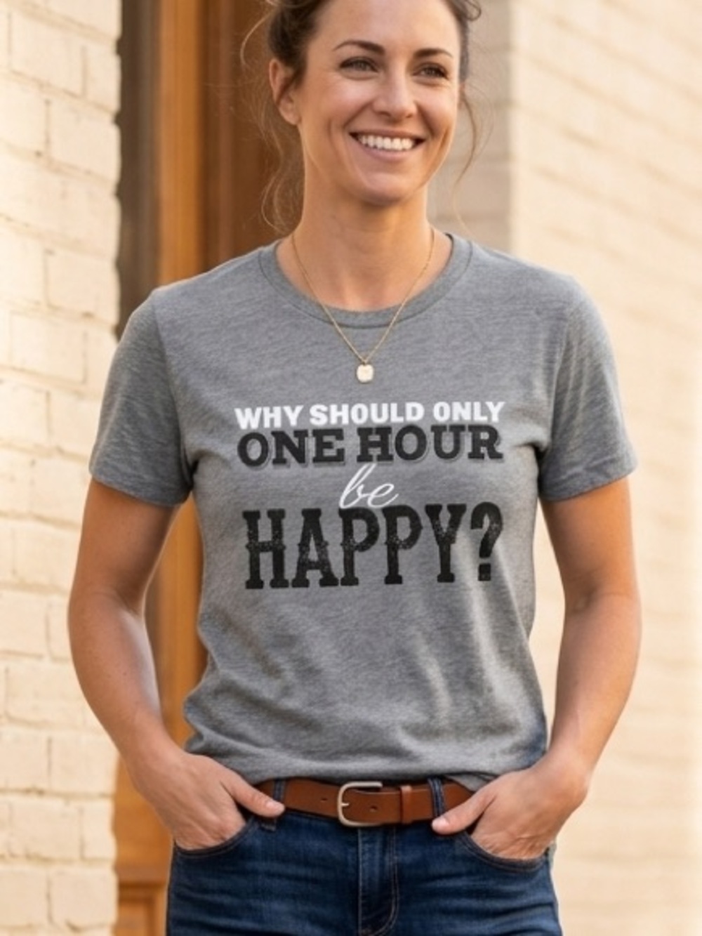 All Day Happy Graphic Tee Why Wait for Happy Hour? Size Large Unisex